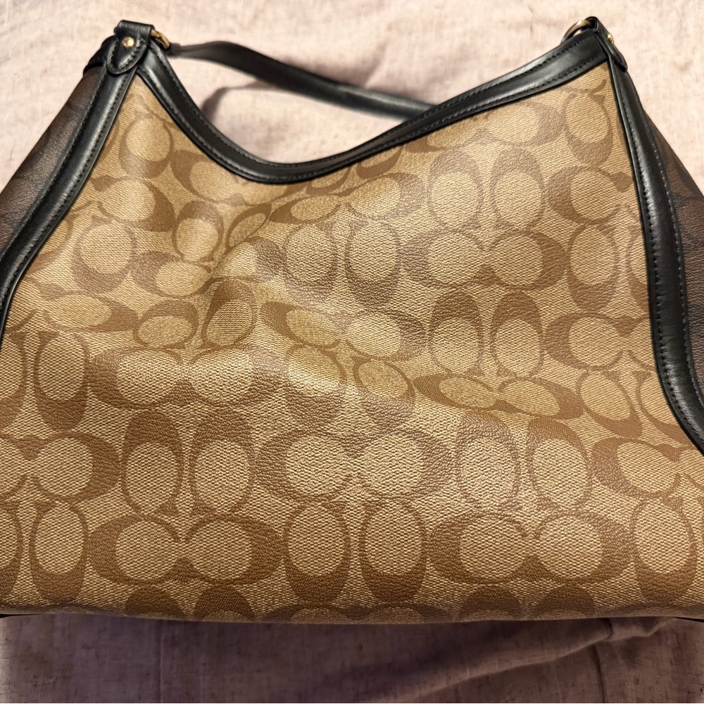 Coach Brown Signature Canvas Shoulder Bag with Black Trim - Picture 2 of 8